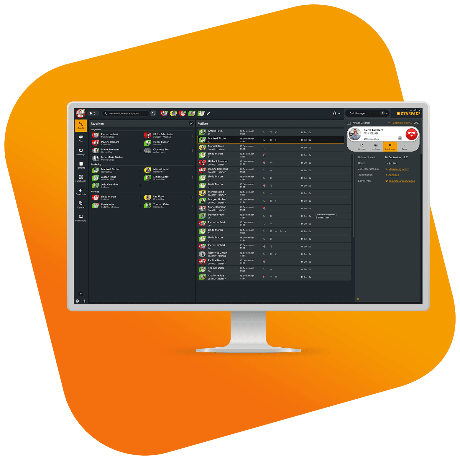 STARFACE Desktop-App: Favoriten mit Besetztlampenfeld, Rufliste und Call Manager mit laufendem Gespräch und Transkription